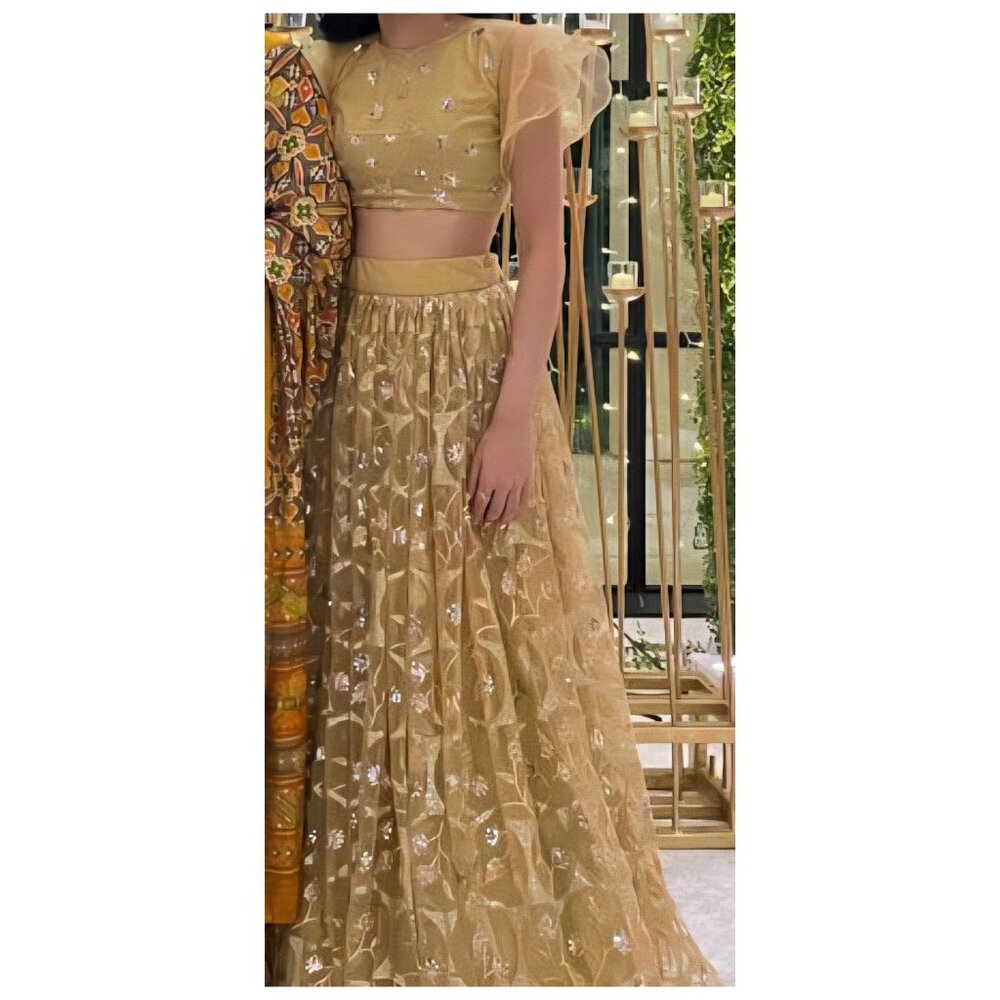 golden beige lehenga with puff sleeves and sequins wedding partywear